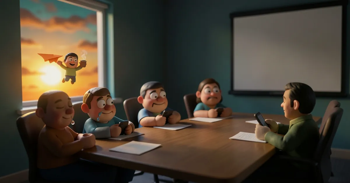 Five round clay-style characters slump at a meeting table while one escapes out the window on an orange paper airplane.