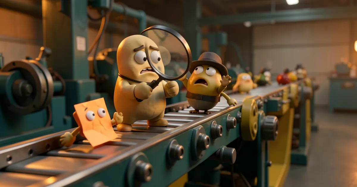 A tester inspects a tiny bug in a detective hat on a conveyor belt while an ignored sticky note waves for attention.
