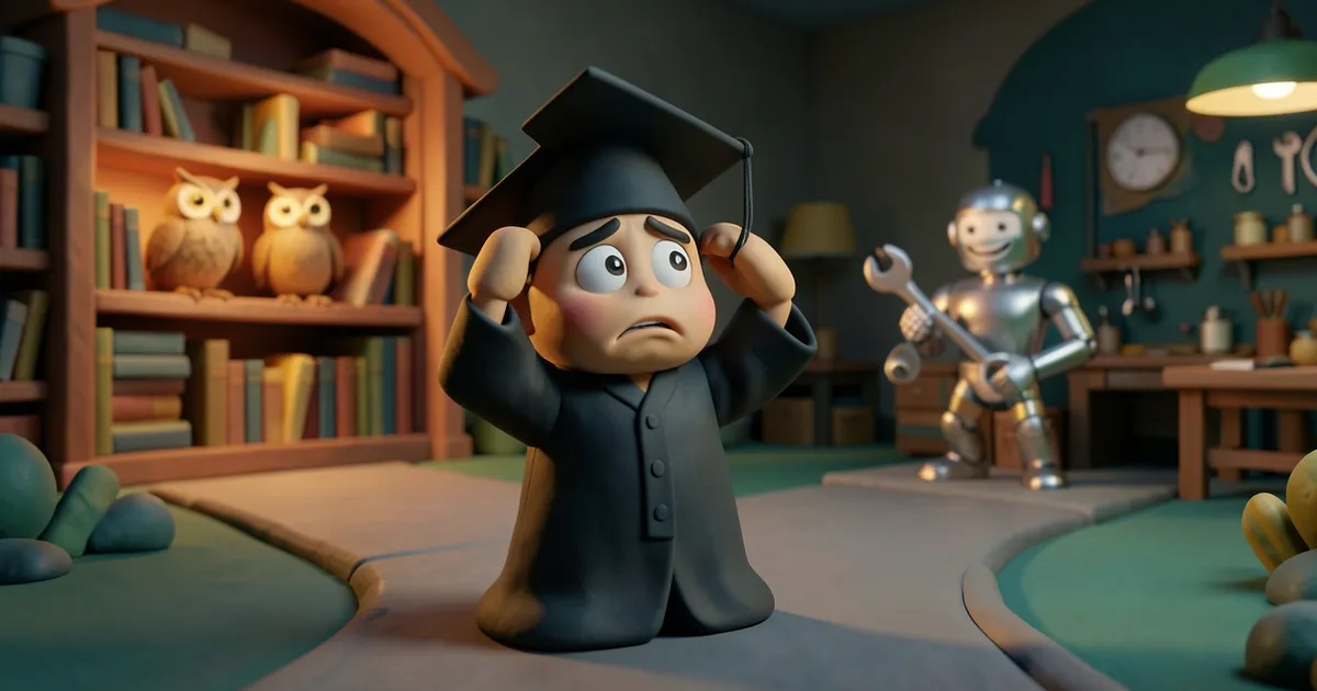 A worried graduate in an oversized cap and gown stands at a fork between a cozy library and a workshop with a friendly robot.