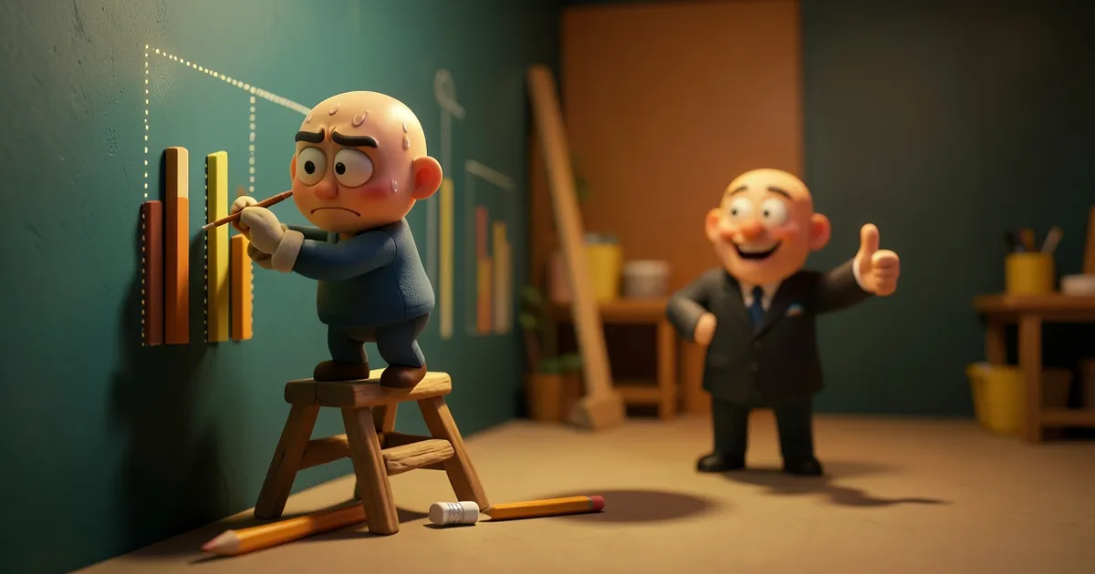 A nervous character paints bars to identical heights on a stepladder while a manager gives an enthusiastic thumbs up.