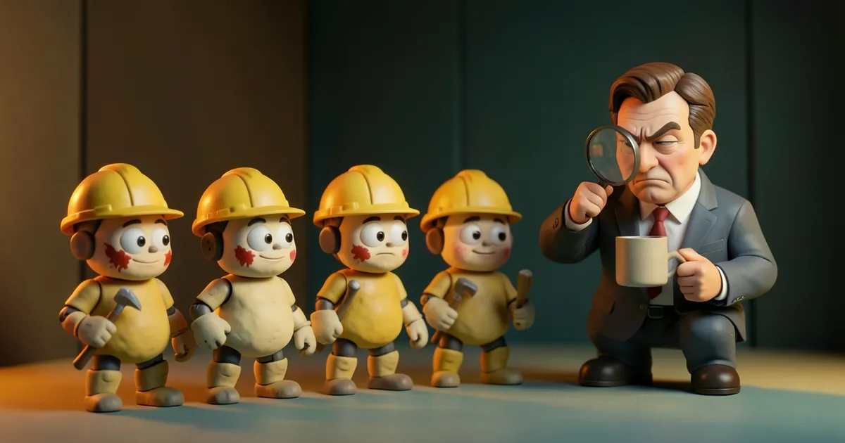 Four small robot characters in hard hats line up proudly while a manager inspects their work through a magnifying glass.